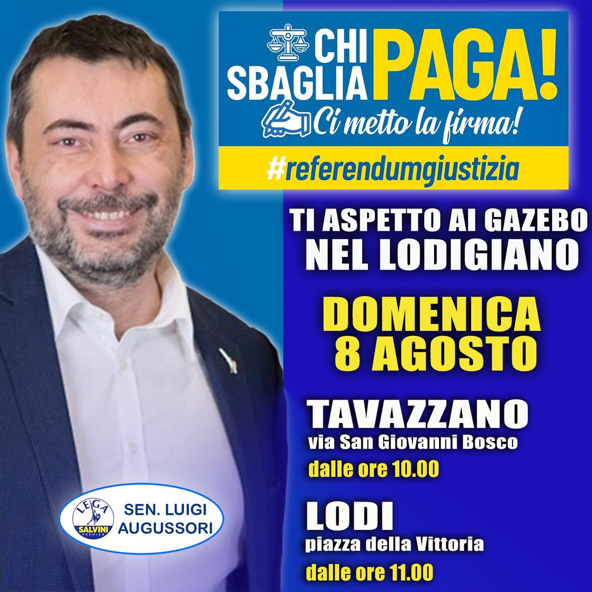 augussori's tweet photo. Vi aspetto più tardi a #Tavazzano e #Lodi!
#ReferendumGiustizia #GiustiziaGiusta #vieniafirmare✍🏻 https://t.co/YJl59Yu8zx