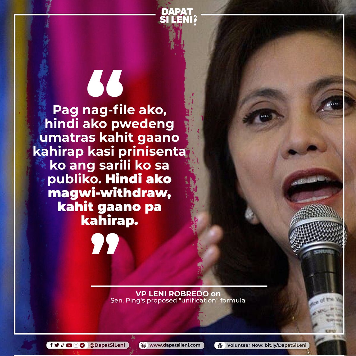 DapatSiLeni's tweet photo. Si VP Leni Robredo ay hindi susuko mula umpisa hanggang dulo ng laban! Magkakaisa, magtutulungan, at mananalo tayo! Ipapanalo natin ang #HusayAtTibay 💪, at sama-samang isisigaw: #DapatSiLeni!!! 🔥 https://t.co/MAZ06clUmP