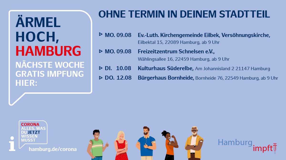 Eine Impfung schützt am sichersten vor einer schweren Erkrankung an Corona. Daher: #ÄrmelHoch, Hamburg! Es gibt mobile Impf-Angebote in den Stadtteilen, wo ihr euch ohne Termin und kostenlos impfen lassen könnt. Eine Übersicht gibt’s hier: hamburg.de/corona-impfsta… #coronahh