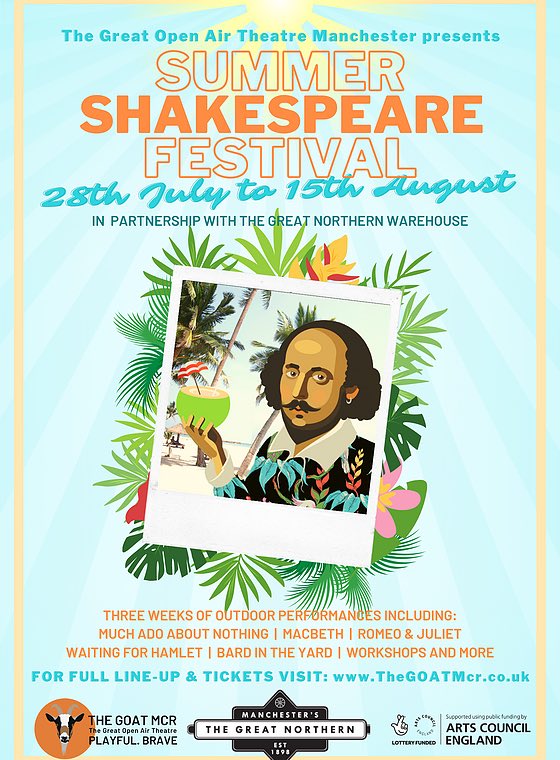 🚨TICKET OFFER🚨This afternoon we welcome <a href="/GoatMcr/">TheGoatMcr</a> back to the arches! You can grab BOTH shows for JUST £10! Catch the awesome <a href="/bardintheyardco/">Bard in the Yard</a> at 4pm &amp; #MuchAdoAboutNothing at 6pm - one ticket, both shows-winning! Get out of the rain &amp; get your #Shakespeare on! 💙💜#Theatre