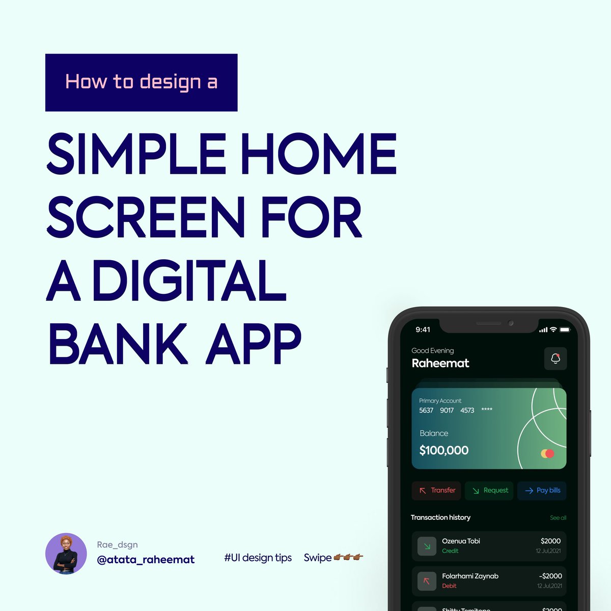raheemat_atata's tweet photo. Good morning guys🌞, check out these Simple steps on how to design the Home Screen of a Banking App. Tag a newbie that would  like to replicate this ui 🤗. Share your attempt in the comment section. Don’t forget my dm is open if you are facing any difficulty. https://t.co/uWPn4cDvYS