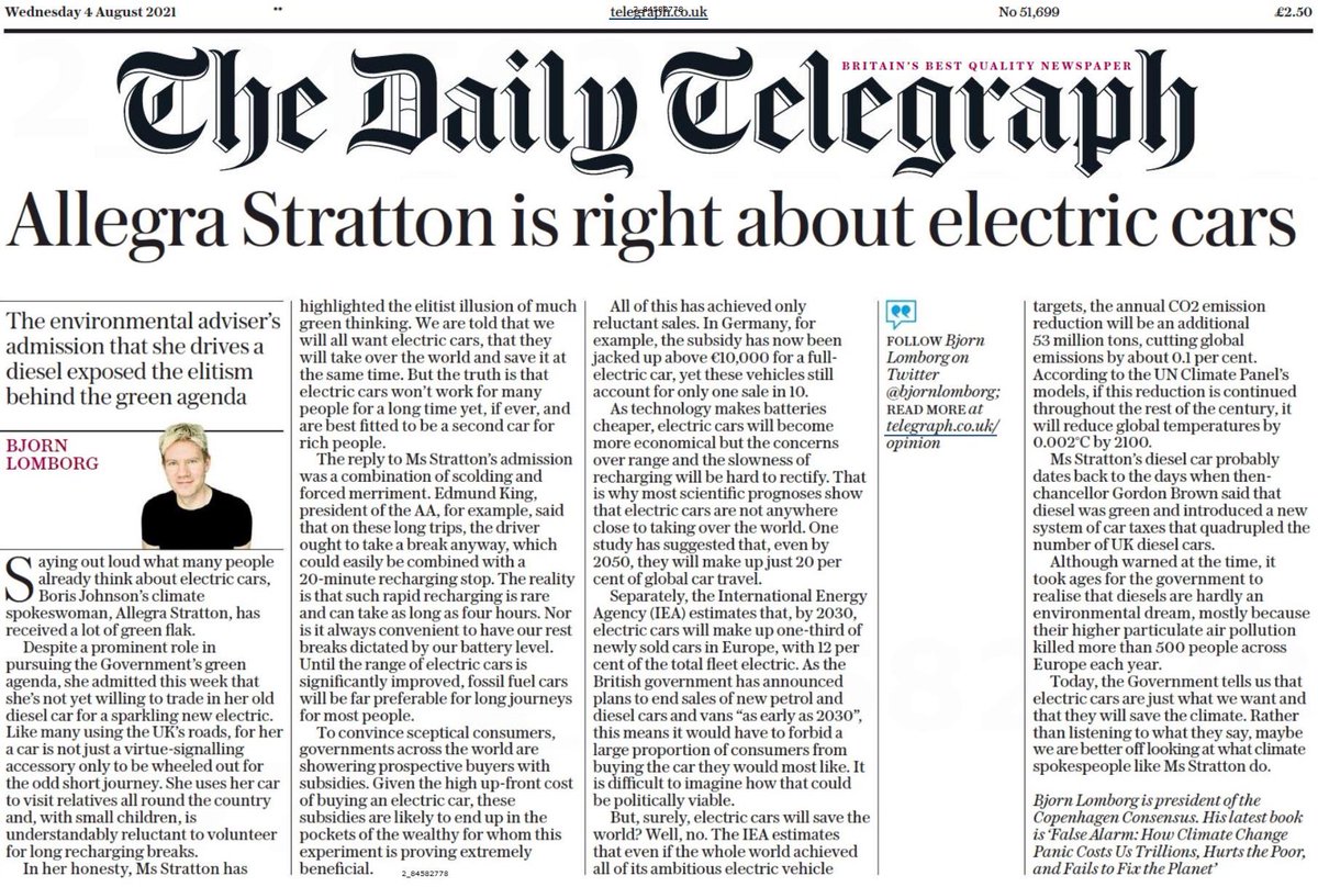 BjornLomborg's tweet image. Will electric cars save the world? No. Even if all nations achieved all of their ambitious EV targets, emissions will be reduced by about 0.1%. If this is continued throughout the rest of the century, temperatures will be reduced by 0.002°C by 2100.

telegraph.co.uk/news/2021/08/0…