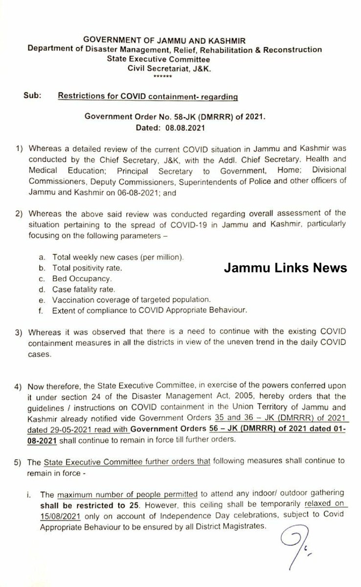 JAMMULINKS's tweet photo. All schools, colleges &amp; other educational institutions including coaching centres shall remain closed till further orders. They are permitted to seek personal attendance of limited vaccinated staff for administrative purposes and Independence day celebrations https://t.co/KIDE4Re4hA