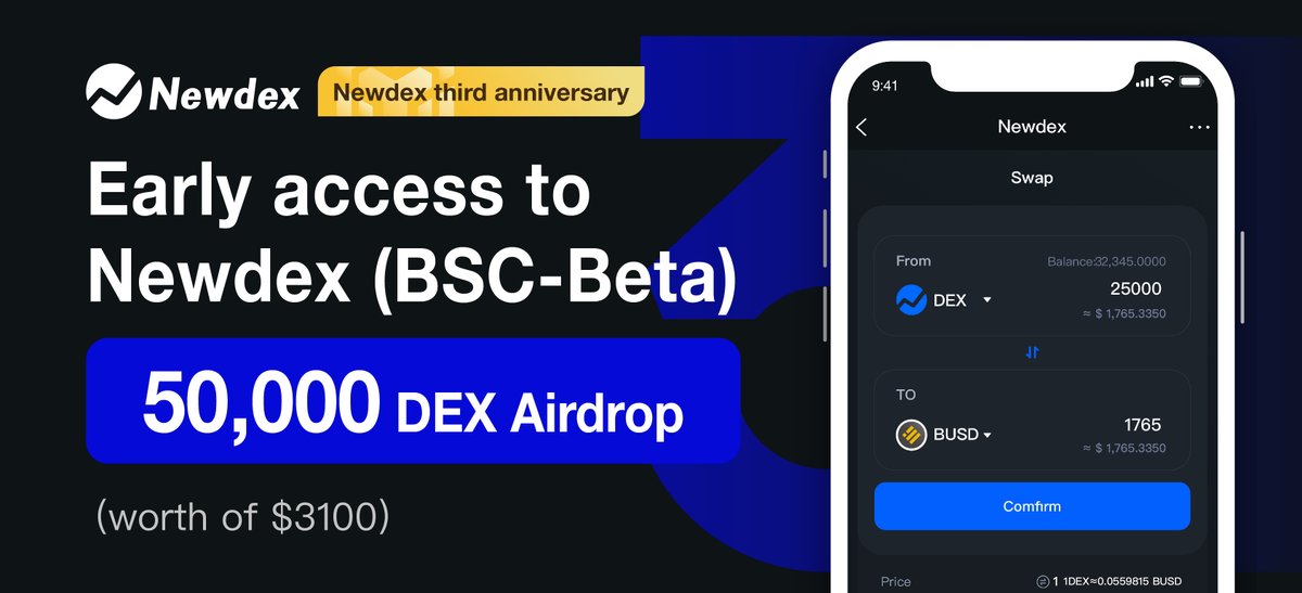 Newdex #EOS (@newdexofficial) on Twitter photo 🧧Super #Airdrop - 50,000 DEX to 1000 winners!
🎉Early access to Newdex (BSC-Beta)
Join👇
1️⃣ Follow <a href="/NewdexOfficial/">Newdex #EOS</a>
2️⃣ RT & Like & Tag 3 friends
3️⃣ Join t.me/newdexofficial…
4️⃣ Fill info: hk.mikecrm.com/4MN3Ahd
🗓9:00PM UTC Aug.8th - 9:00PM UTC Aug.20th
#BSCGems #BSC 🧧Super #Airdrop - 50,000 DEX to 1000 winners!
🎉Early access to Newdex (BSC-Beta)
Join👇
1️⃣ Follow <a href="/NewdexOfficial/">Newdex #EOS</a>
2️⃣ RT & Like & Tag 3 friends
3️⃣ Join t.me/newdexofficial…
4️⃣ Fill info: hk.mikecrm.com/4MN3Ahd
🗓9:00PM UTC Aug.8th - 9:00PM UTC Aug.20th
#BSCGems #BSC