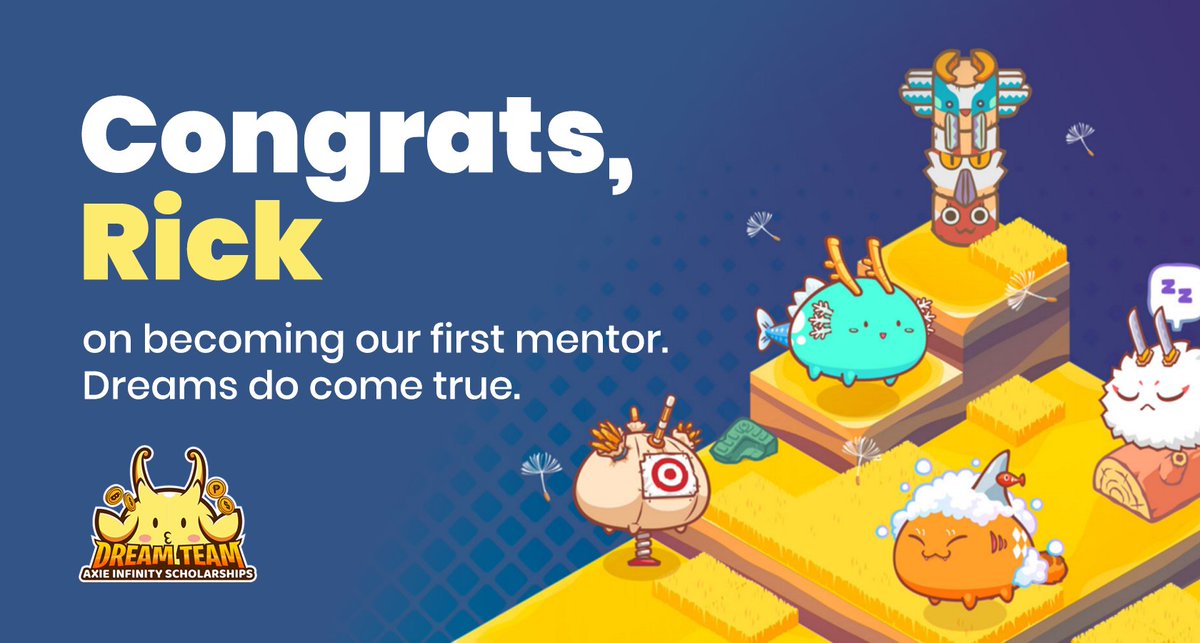 AxieDreamteam's tweet photo. More amazing news💛💛 Rick just got promoted to mentor of our wonderful team!

Mentor Rick will be available to advise our scholars on various subjects such as in increasing your daily SLP as well as other tips &amp; tricks🎓.

#AxieScholars #AxieScholarschips $AXS $SLP #PlayToEarn https://t.co/UrA8ejokQw