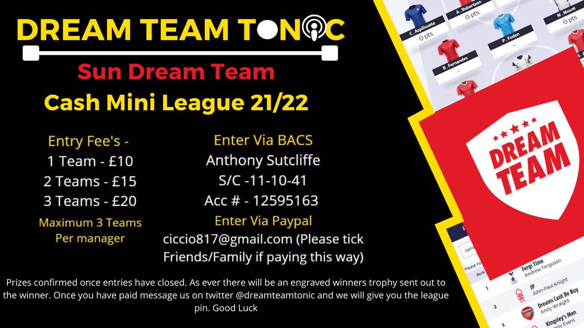 DreamTeamTonic's tweet photo. 🚨 Everyone come get involved 🚨

Prizes 🤑Trophy🏆Family👪 

Join the Tonic Podcast lads in the cash mini league 🤝😁
#sundreamteam #dreamteamfc https://t.co/IPdJ15n92w