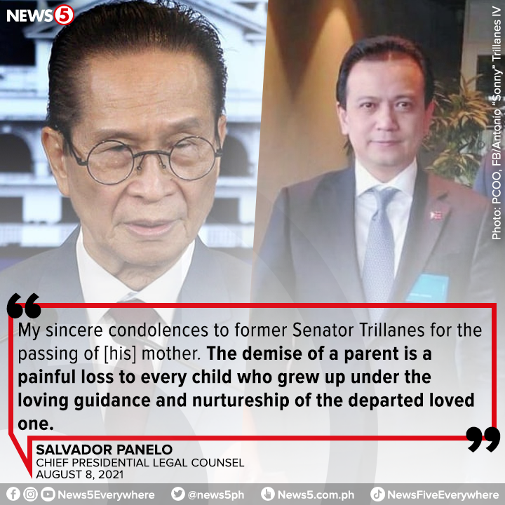 News5PH's tweet photo. Nagpaabot ng pakikiramay si Sec. Salvador Panelo sa pagpanaw ni Estelita Fuentes Trillanes, ina ni dating senador Antonio Trillanes IV. https://t.co/GOWldNQIuU