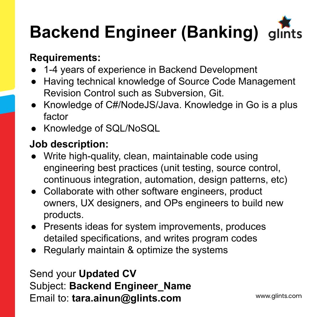 TaraAdila's tweet photo. We're looking for a Backend Engineer (for a Banking Company)

*Only shortlisted candidates will be contacted further 

@hrdbacot #lokercot

#lokerit #Loker #lokerupdate https://t.co/GLXAmQRSO7