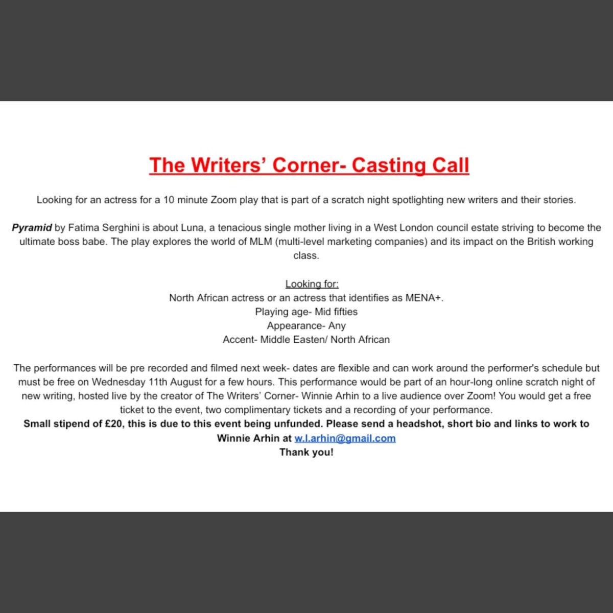 📢Casting for MENA+ actress for 10 min Zoom play for The Writers’ Corner #online #scratchnight created by @WinnieArhin. 

 @mena_arts_uk  @MigrantsTheatre @BorderCrossings @NoorTheatre @meiartsculture @MuslimCasting @shubbakfestival @WeAre4nAffairs @Diverse_Casting @DiverseSchool