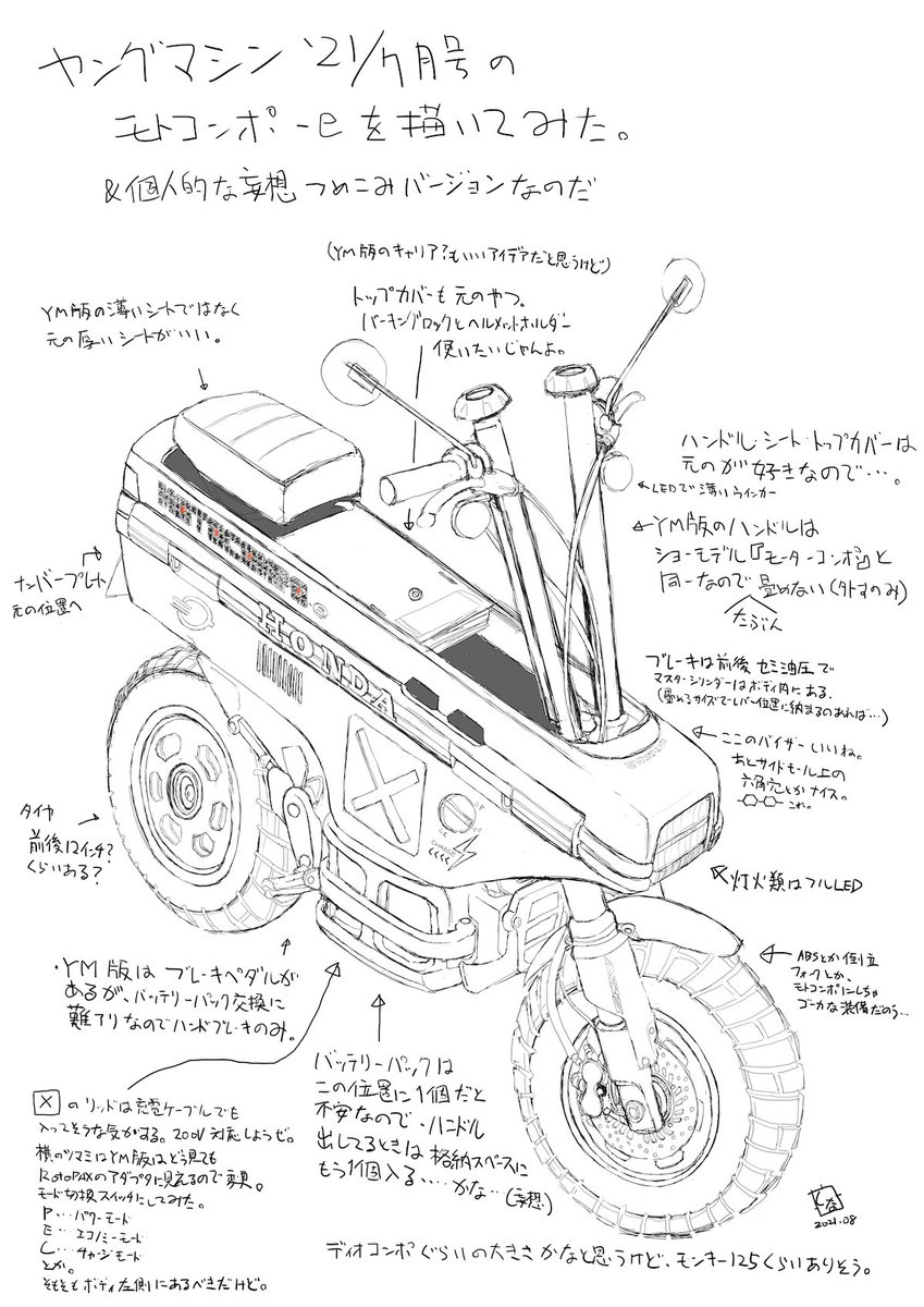 ヤングマシン7月号のモトコンポEVを描いてみた。現役モトコンポ持ちとして色々思う所あるので妄想書きなぐりモディファイバージョンでっちあげ。色は今度塗ります。 