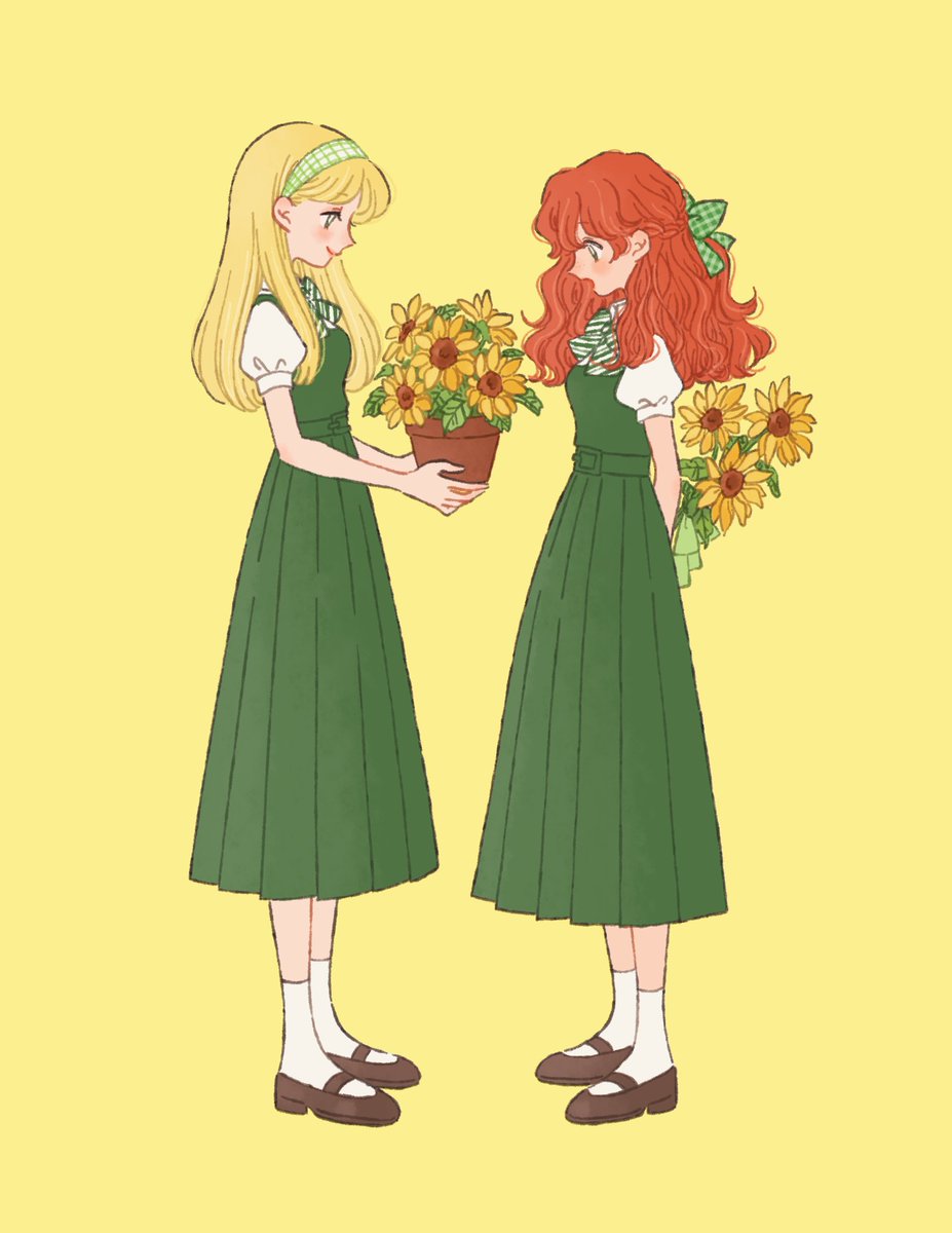 multiple girls 2girls flower dress yellow background puffy sleeves blonde hair  illustration images