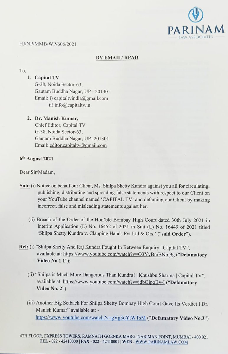 Just Received a 'Medal Of Honour' from #ShilpaShetty. She has send me &amp; <a href="/capitaltvindia/">Capital TV</a> a notice asking  us to refrain 'defaming' her.
As Journalists we are doing our job and continue doing it. 
Shilpa must explain her role in her Husband's Business to the Police and Court.