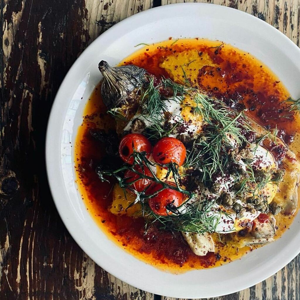 ChefJoshKatz's tweet photo. New addition to the @berberandq menu. 

Blackened aubergine, rose harissa dressing, sumac yoghurt, amba &amp; crispy capers. By @ceceatis 🔥. This one’s flying out.
.
.
.

#firefood #foodpics #bbqlife #onmytable #foodphotooftheday #beautifulcuisines #f52g… https://t.co/DukcJ4qx6G https://t.co/ksnT7pTyw8