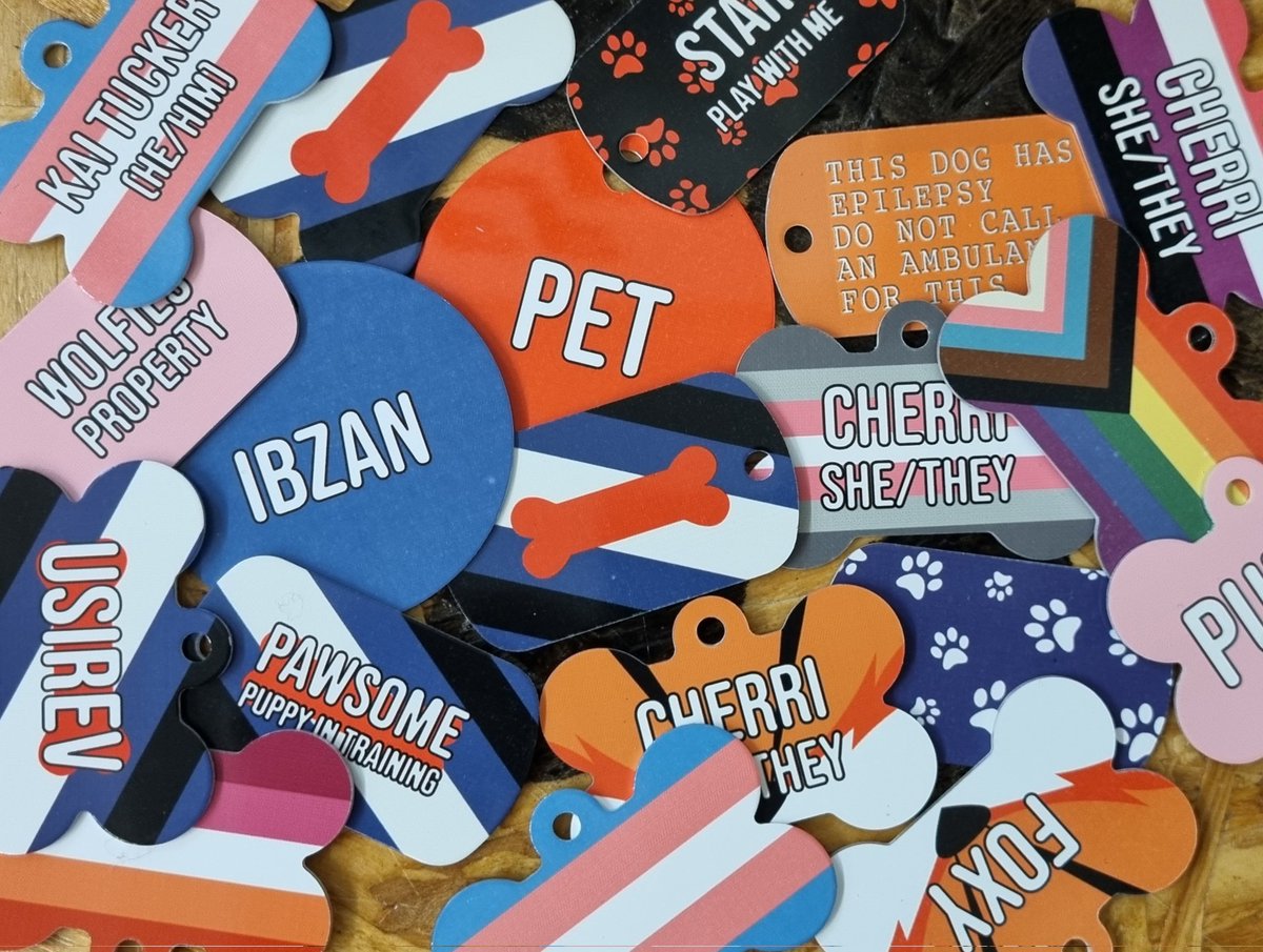 wruffstuff's tweet photo. Today's collar tags and dog tags. Thanks all who ordered one (or more) this week.
#pupplay #humanpup #humanpups #humanpupcommunity #humanpuppies #foxpride #puppypride #transpride #progressivepride #lesbianpride https://t.co/dEzqfbzLrp