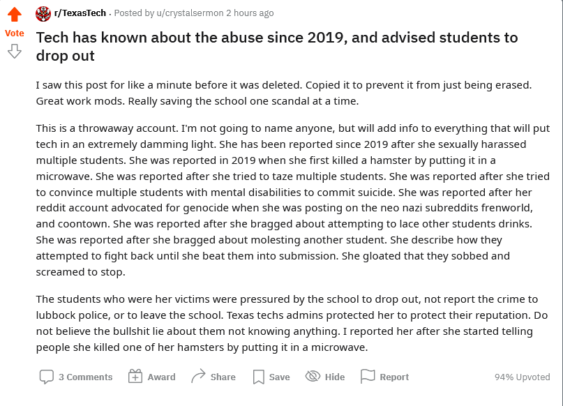 Brutuz1000and1's tweet image. @TexasTech Care to comment on this anonymous statement? 

It keeps being deleted from the TT subreddit with no comments from the mods and absolutely needs a response because this is completely screwed up if true.

#chrischan #TexasDeservesBetter #sweptundertherug #hidingabuse