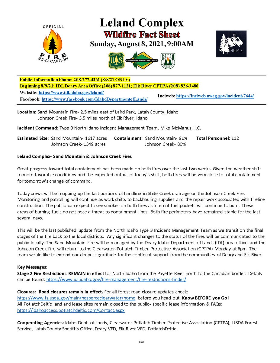 IdahoLands's tweet photo. #LelandComplex Update 8/8/21 This will be the final update unless significant changes in fire behavior occur. https://t.co/SmrDLGYk9a #SandMountainFire #JohnsonCreekFire #IDLfireinfo #FireYear2021 https://t.co/HdO846ehRr
