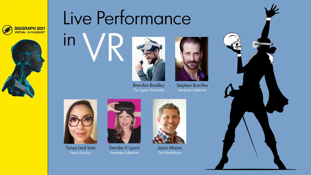 Tomorrow we'll be diving into our panel discussion 'Live Performance in VR' @siggraph 2021 on 8/9 at 4p.m. PDT with Tanya Leal Soto, Jason Moore, and @brendanAbradley. Moderated by @StephenButchko 
#VirtualReality #SIGGRAPH2021 #immersiveperformance #VRChat #actorslife #vrtech