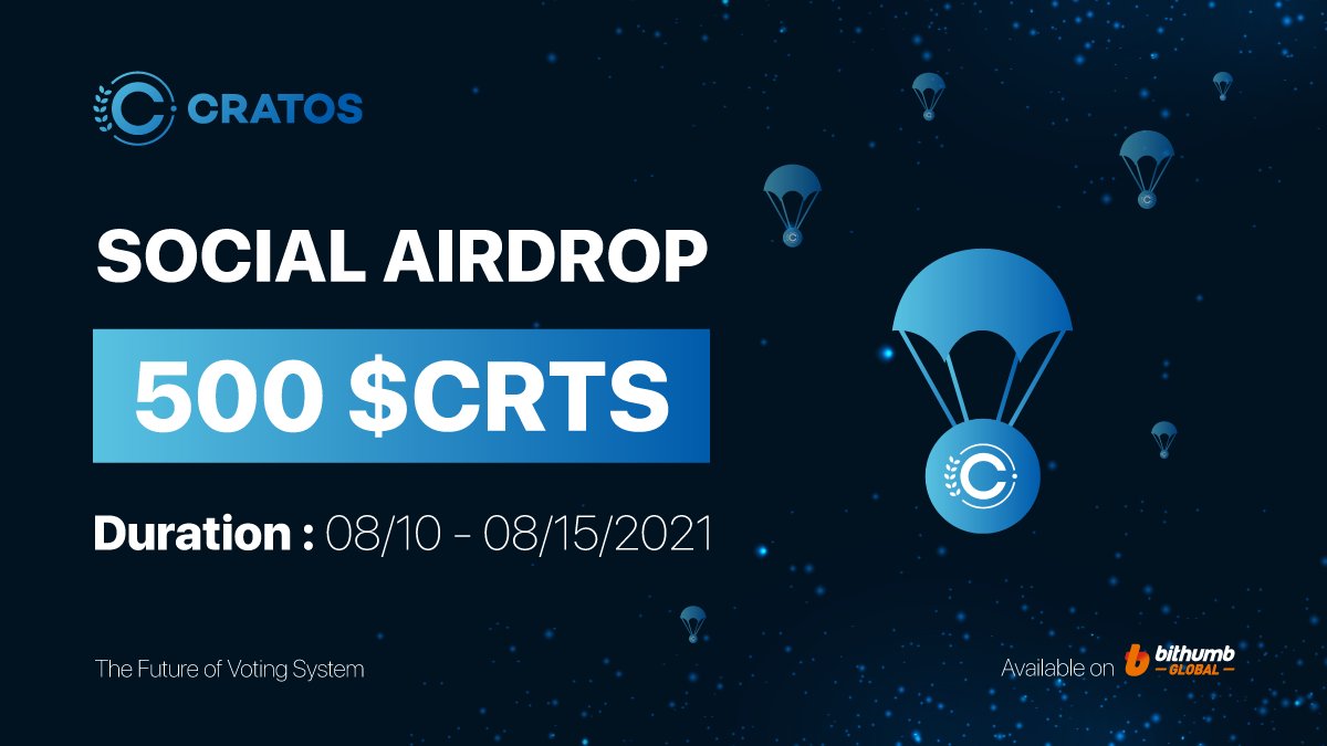 CRATOS AIRDROP
📆Start: 00:00 UTC 08/10/21
📆End: 23:59 UTC 08/15/21

💰500 $CRTS per person
👉1000 winners

❗️RULES❗️
📢Retweet this tweet 
📲Follow <a href="/cratostoken/">Cratos</a>
📲Join: t.me/CratosTokenCom… 

Winners will be chosen by a randomizer

Submission: forms.gle/yPEQJ65qyEvk6A…

#CRTS