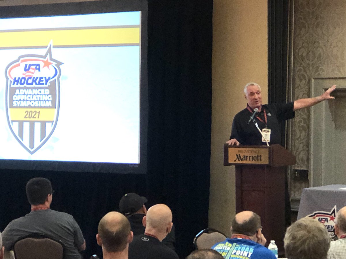 USAHMagazine's tweet photo. “Most of the time you see pictures of me and I’m sitting. That’s because I’m going into the rink and that’s where my friends are.” Legendary NHL official Paul Stewart closing out the Advanced Officiating Symposium #USAHAOS https://t.co/MTY1ieZmuE