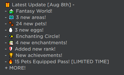 BIG Games on X: First update for Pet Simulator X is OUT! Fantasy world, 3  new areas, 24 new pets, enchanting circle, new enchantments, and a lot  more! ✨💎 Use code FirstUpdate