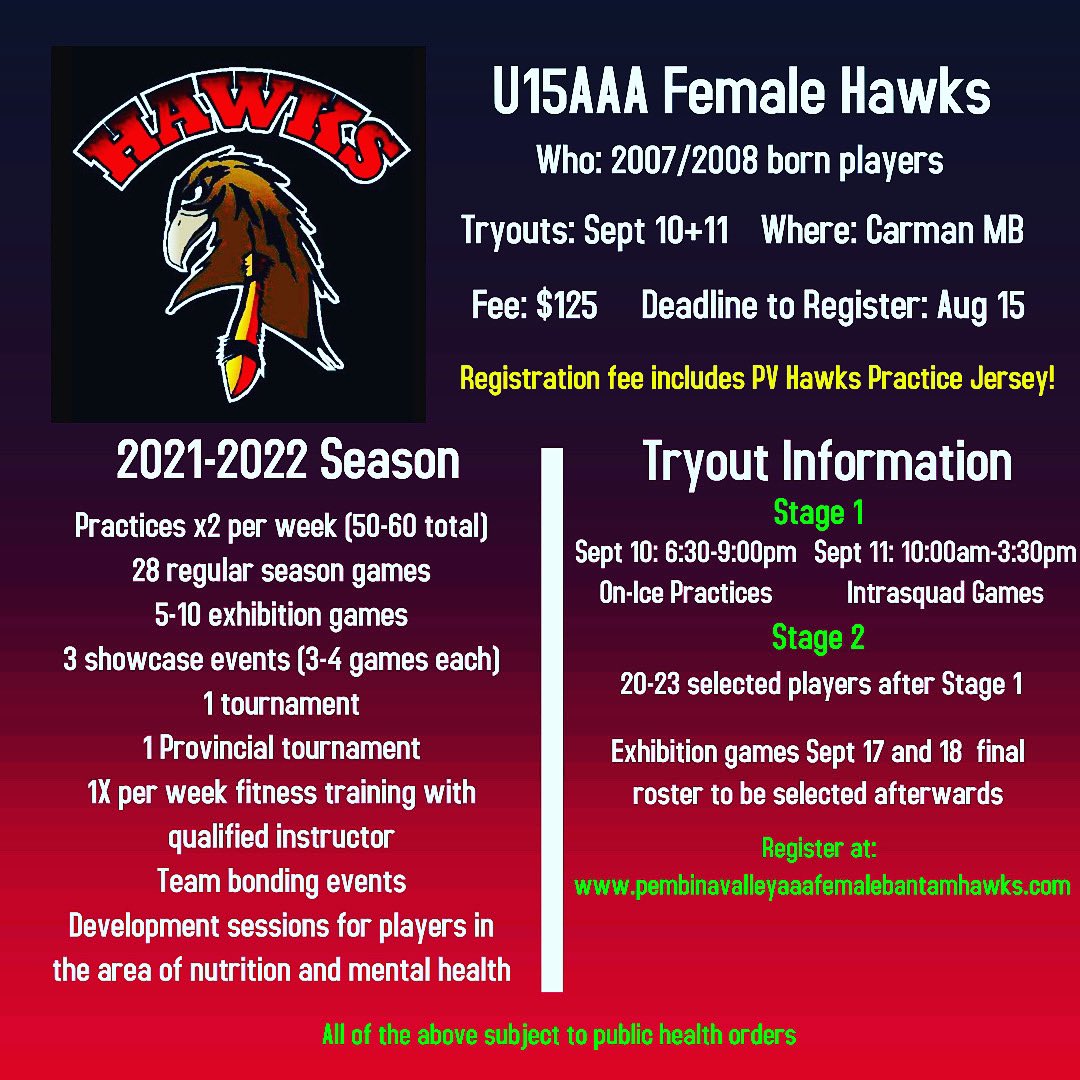 Last call for registrations!! Deadline to register is one week away, Aug 15 at approximately 9:00am! Looking forward to a hockey season with restrictions being lifted across the province!