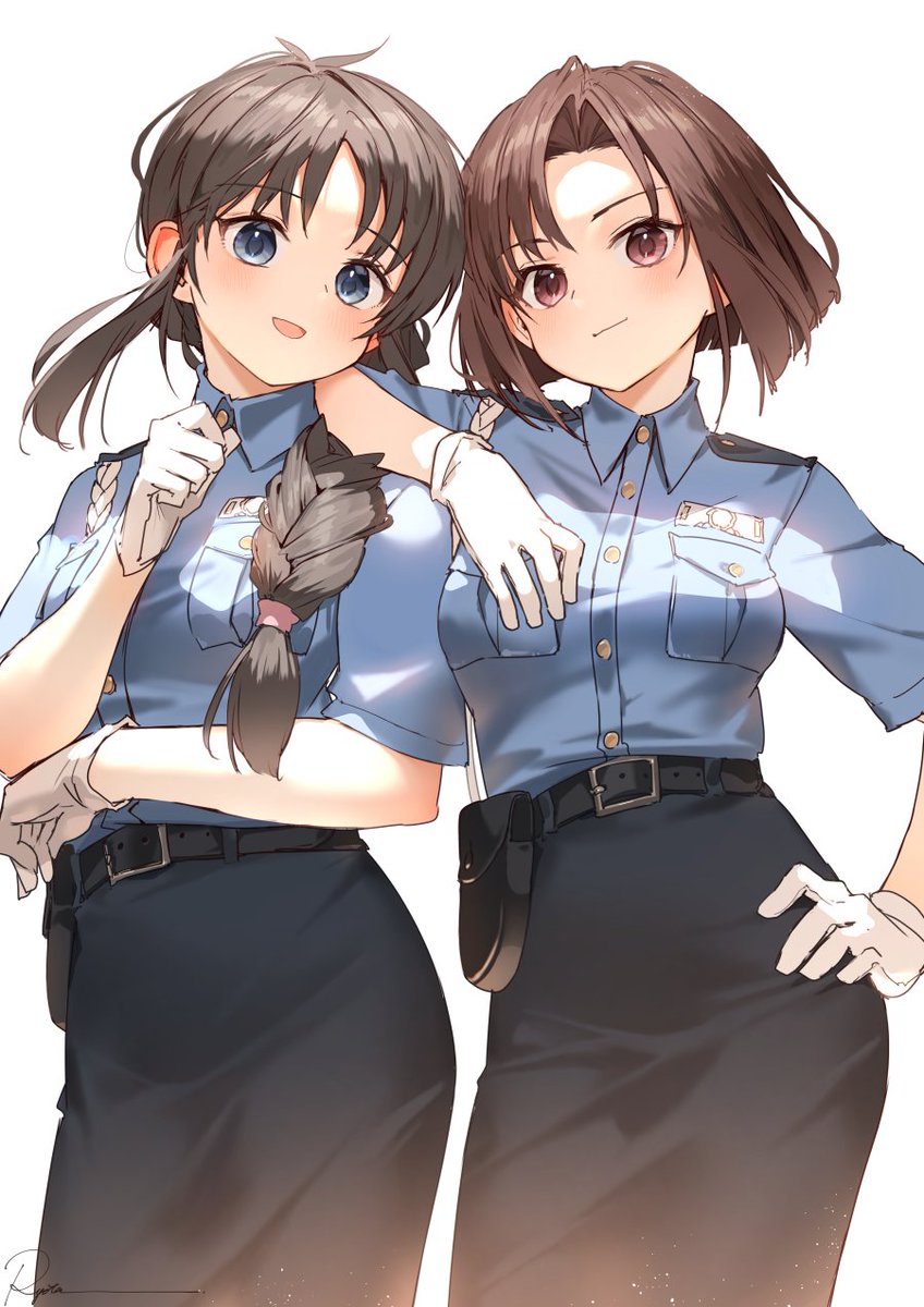 multiple girls police uniform 2girls police policewoman uniform brown hair  illustration images