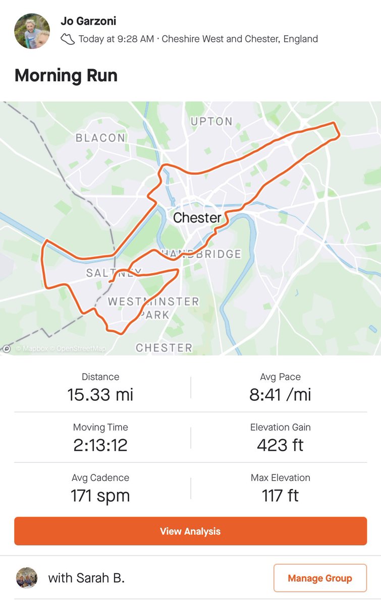 jogarzoni's tweet photo. That’s me done in 😆 15 mile run round Chester with @sarah_black8 🏃🏼♀️🏃🏼♀️ October doesn’t seem too far away 😬 2 marathons in a week #LondonMarathon #Bostonvirtualmarathon https://t.co/Sx6IkGY5Sb