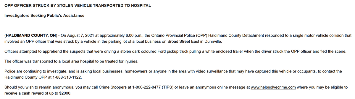 Photos of a Ford pickup truck pulling a white enclosed trailer that struck an #OPP officer and fled last evening in #Dunnville. 

Media release also attached --->