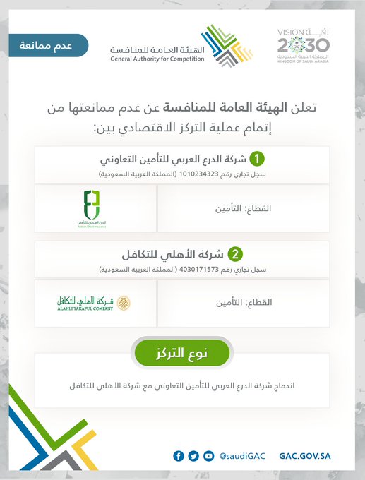 المنافسة السعودية تقر اندماج الدرع العربي والأهلي تكافل وتركز للأول للاستثمار معلومات مباشر