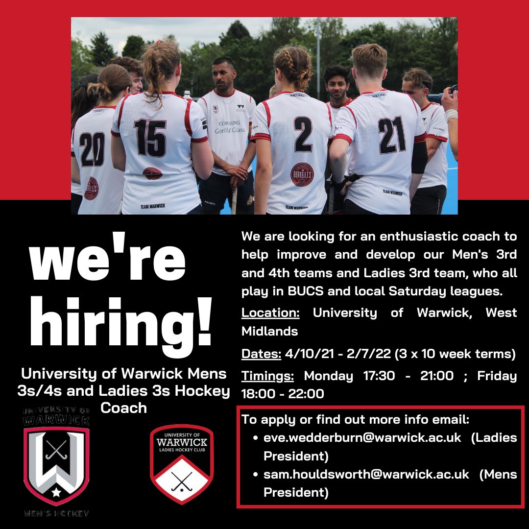 UWWHC_'s tweet photo. University of Warwick Ladies Hockey Club is looking for a new coach for their 3rd team for the upcoming season, who would also be working with the Mens 3rd and 4th teams. Send us an email if you’re interested! https://t.co/0ybzuJB7DN