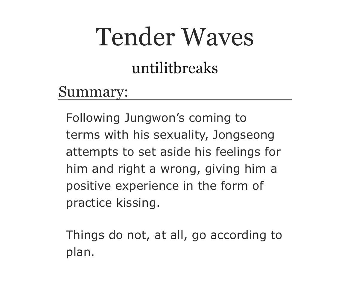 hopefulgcf's tweet photo. Tender Waves

T | 7.3k | jaywon | friends to lovers, practice kissing

Following Jungwon’s coming to terms with his sexuality, Jongseong attempts to set aside his feelings for him give him a positive experience in the form of practice kissing.

🔗 https://t.co/Vgx5czP7TV https://t.co/treV4Wf40l