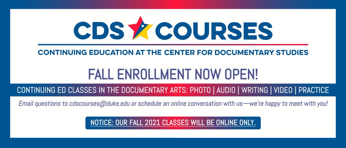 CDSDuke's tweet photo. #CDSCourses Fall Enrollment has begun! The first few classes start in September and include a Hip Hop as #Documentary class, intro classes to drawing and motion graphics, and an Adobe Lightroom workshop. Visit https://t.co/Gss4uTVFdT to learn more! https://t.co/8Fl8UNGeMR