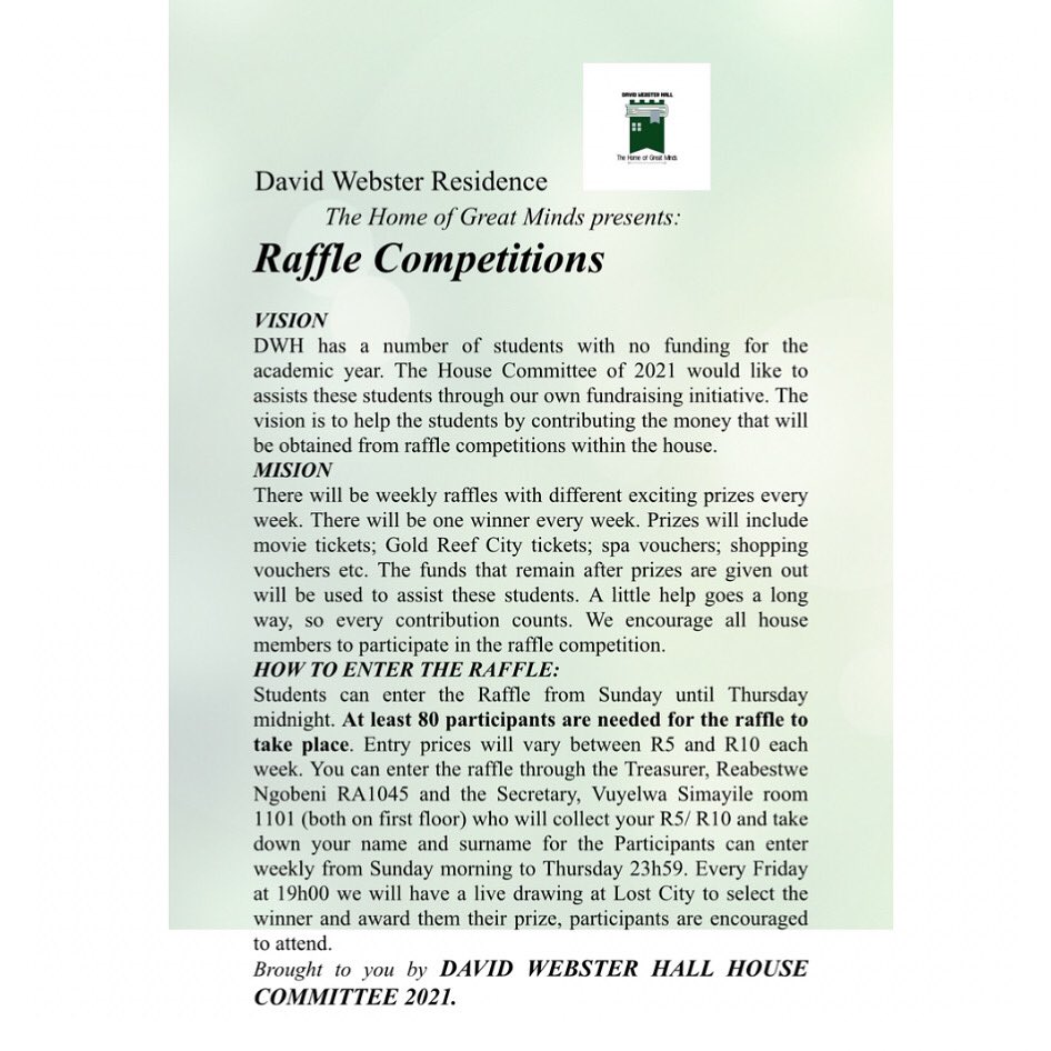 DavidWebsterDW's tweet image. You could be the lucky winner!
Stand a chance to win an exciting prize this week by participating in the raffle at just R5!