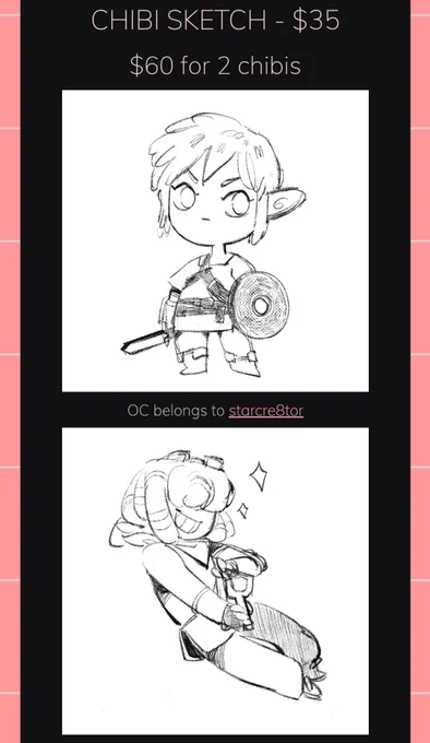 Rts appreciated!!💕
Chibi sketch comms are also open! 
I'll tag the oc creators below!! Link to commission form and Terms if Service will also be linked below! 