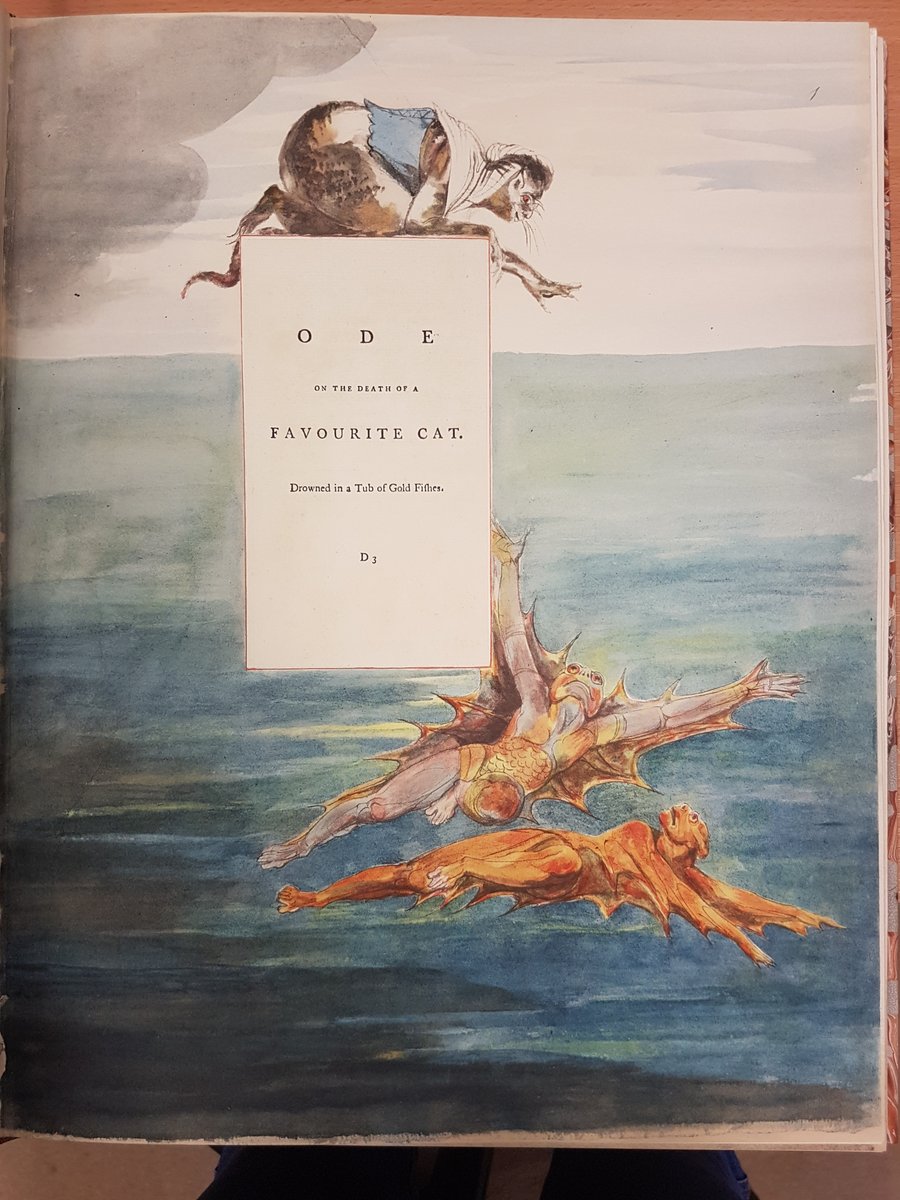 EtonCollLibrary's tweet photo. On #InternationalCatDay we simply had to share these illustrations by William Blake for Thomas Gray's 'Ode on the Death of a Favourite Cat Drowned in a Tub of Goldfishes.' Gray wrote the poem in 1747 after the demise of Horace Walpole's cat, Selima. https://t.co/OnD9I8fmMp