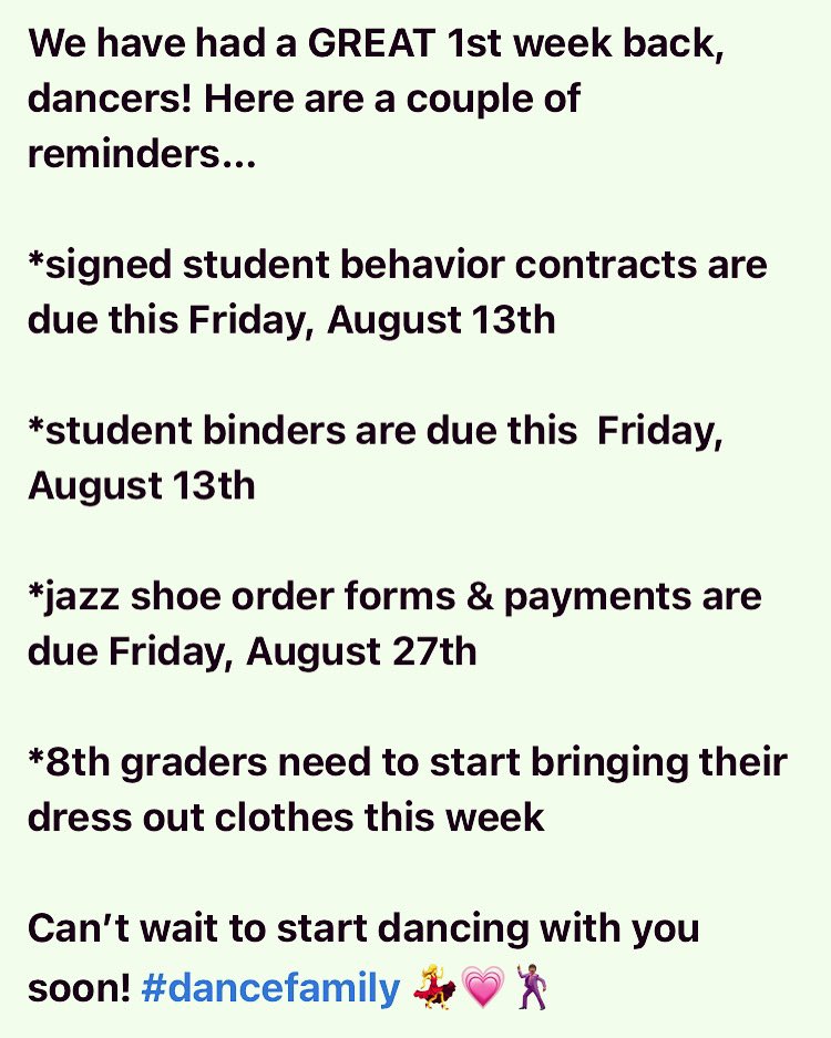Awesome 1st week of school #dancefamily! Let’s keep it rolling into week number 2! <a href="/MPMSVPA/">Mt.PleasantMiddleVPA</a> <a href="/dldugger/">Donald Dugger</a> <a href="/harkmc/">Melissa Harkreader</a> <a href="/MikeMit42546882/">TSU-Art Education Coordinator</a>