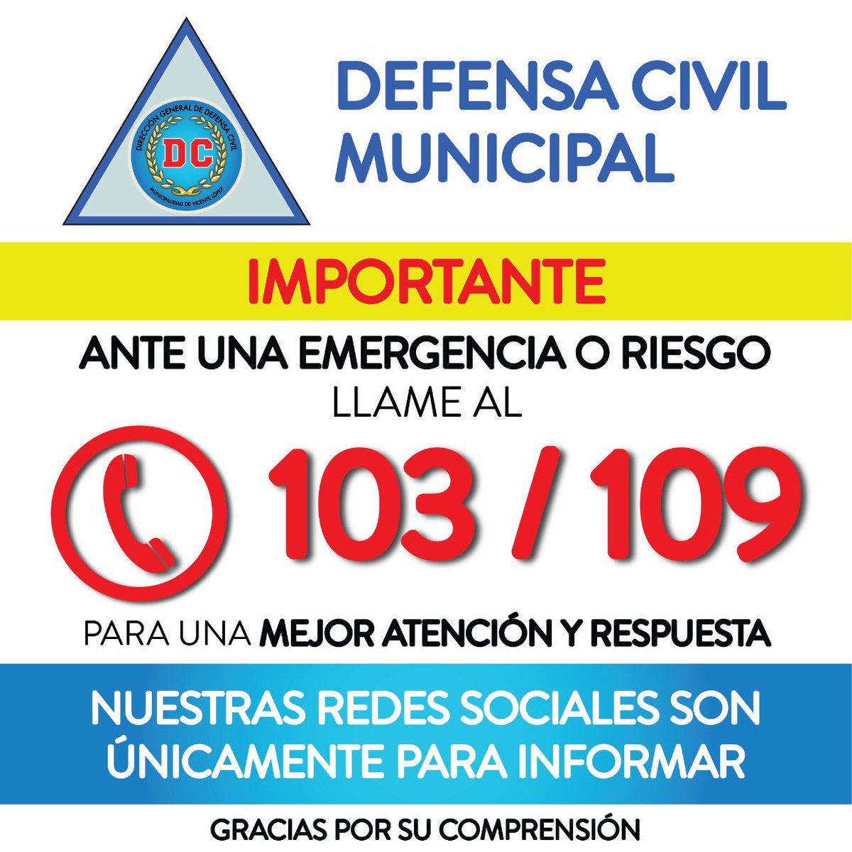 Ante una emergencia o riesgo, llame al 103 ó 109, de este modo se podrá canalizar de mejor manera la respuesta.

La principal función del uso de nuestras redes sociales, es informar y prevenir.

#emergencia
#riesgo
#prevencion
#informacion 
#dc103mvl