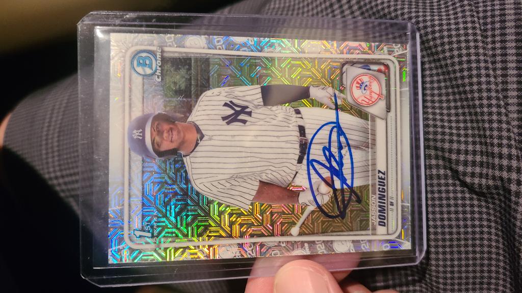 benkairalla's tweet photo. @Topps Went to the minor league ballpark on #ToppsNBCD to see Yankees prospect Jasson Dominguez and came home with this https://t.co/9W3J8u0WRN