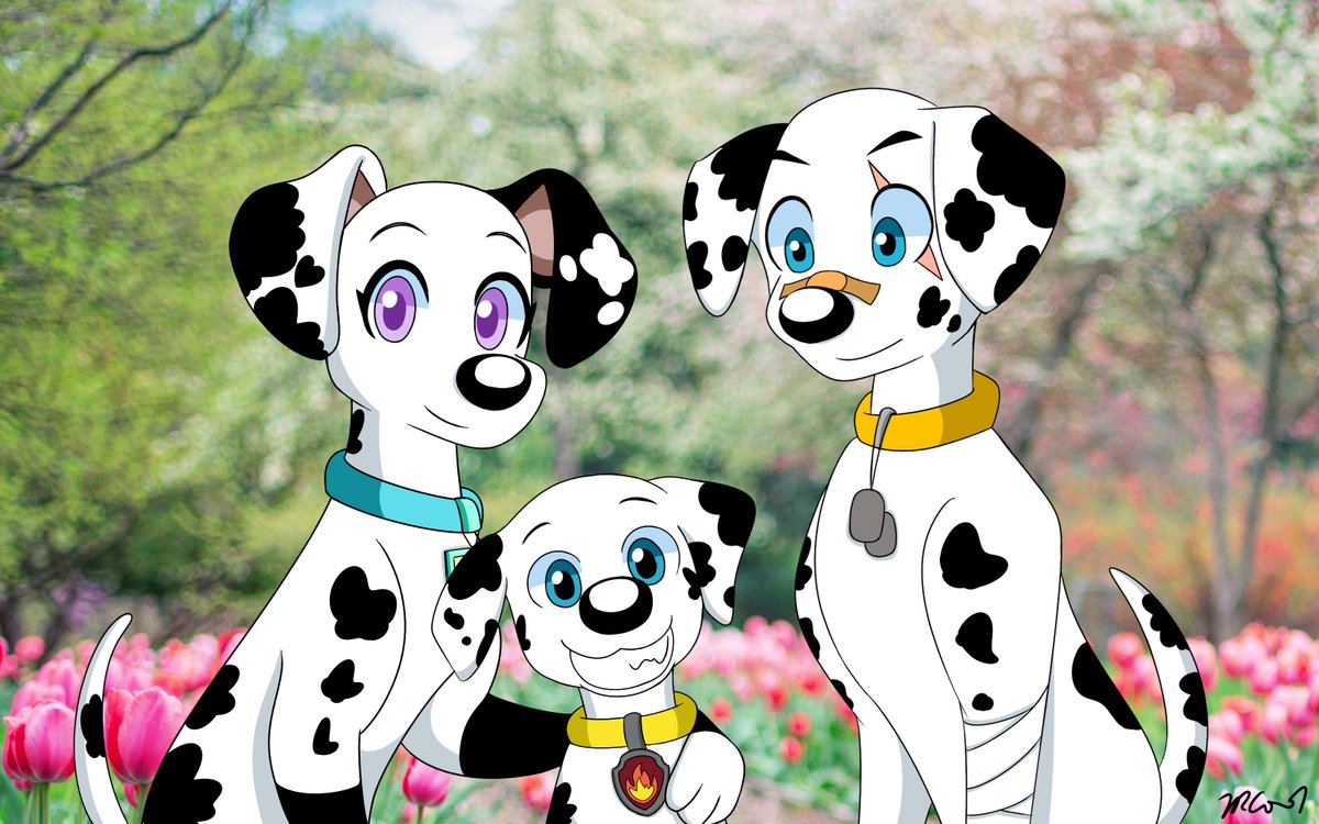 trc001art's tweet photo. A warm family portrait🥰🥰🥰🥰. Marshall and his parents - Dakota (right) and Elise (left). Both OCs created by Digolgrin and trc001.
#pawpatrol #Marshall https://t.co/ZNxSOFr4Wz