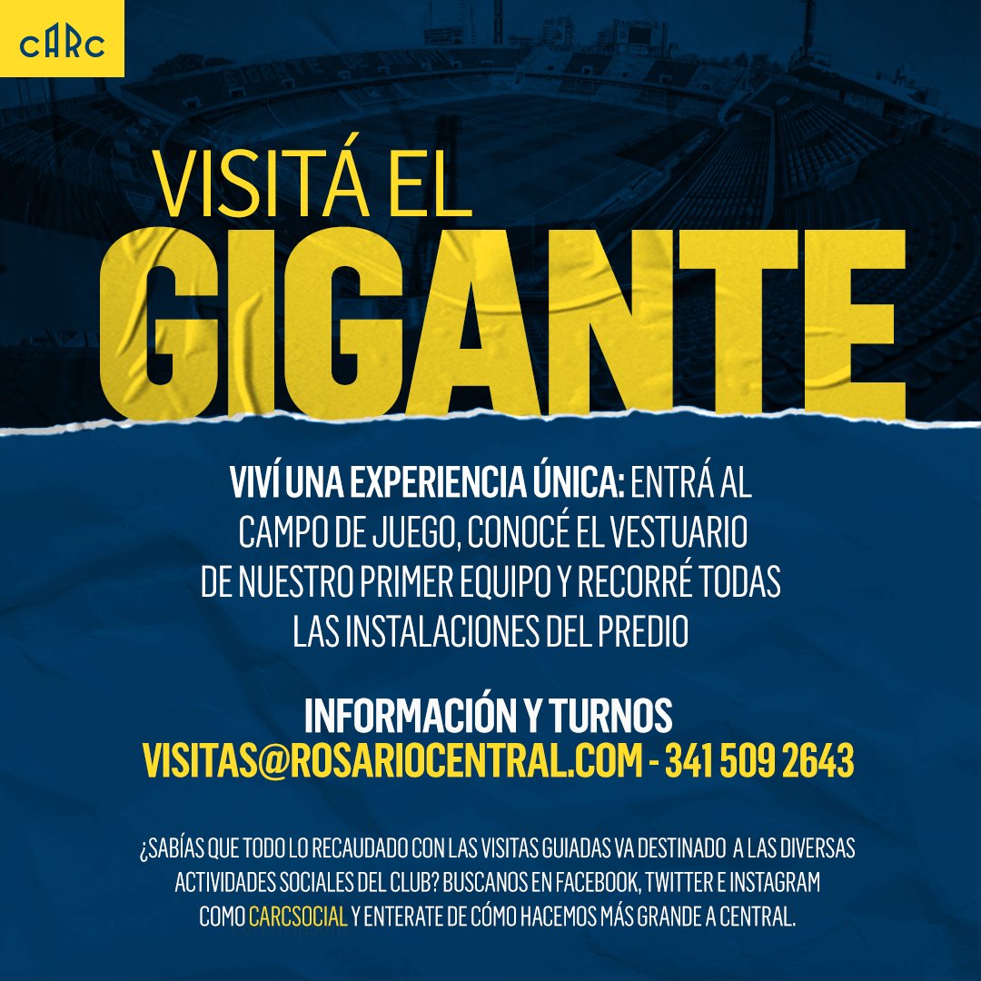 CARCSocial's tweet photo. ¡YA COMENZARON LAS VISITAS GUIADAS AL GIGANTE!

Pisá el campo de juego, conocé el vestuario y todo el predio en una recorrida imperdible 🇺🇦

Para sacar tu turno comunicate al 3415092643. https://t.co/7uRqXekyML
