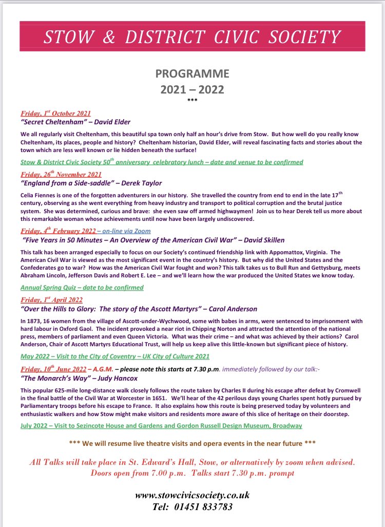 Latest programme of talks for #stowcivicsociety #stowonthewold