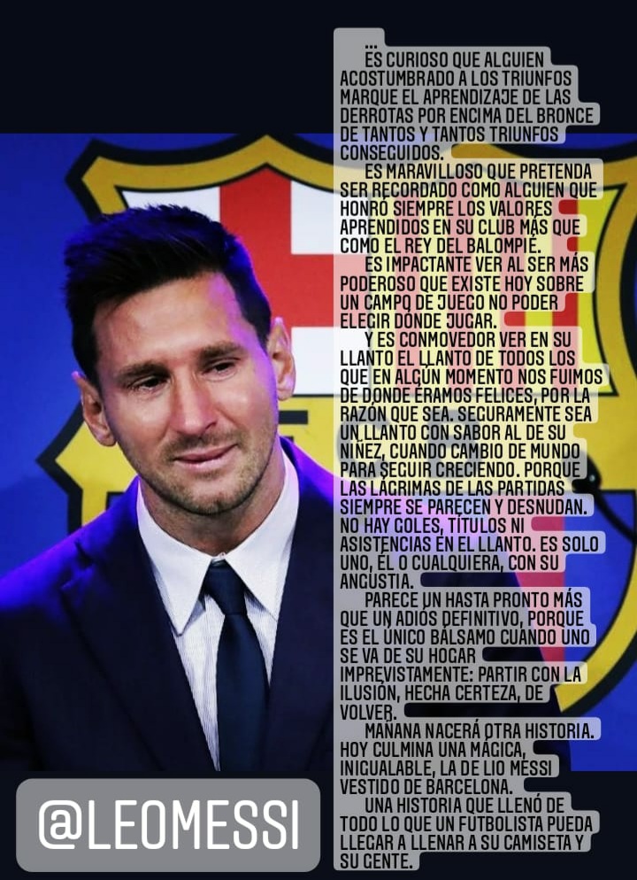 Y es conmovedor ver en su llanto el llanto de todos los que en algún momento nos fuimos de donde éramos felices, por la razón que sea...
#leomessi