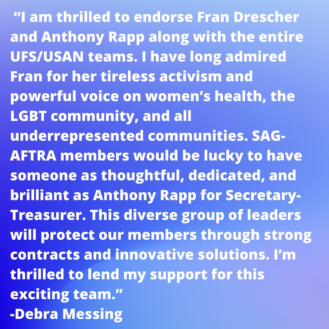 Thank you for your support, Debra!
 #USANLeadership #unite4strength #sagaftra #SAGAFTRAelections #debramessing <a href="/USANLeadership/">USAN Leadership</a>
