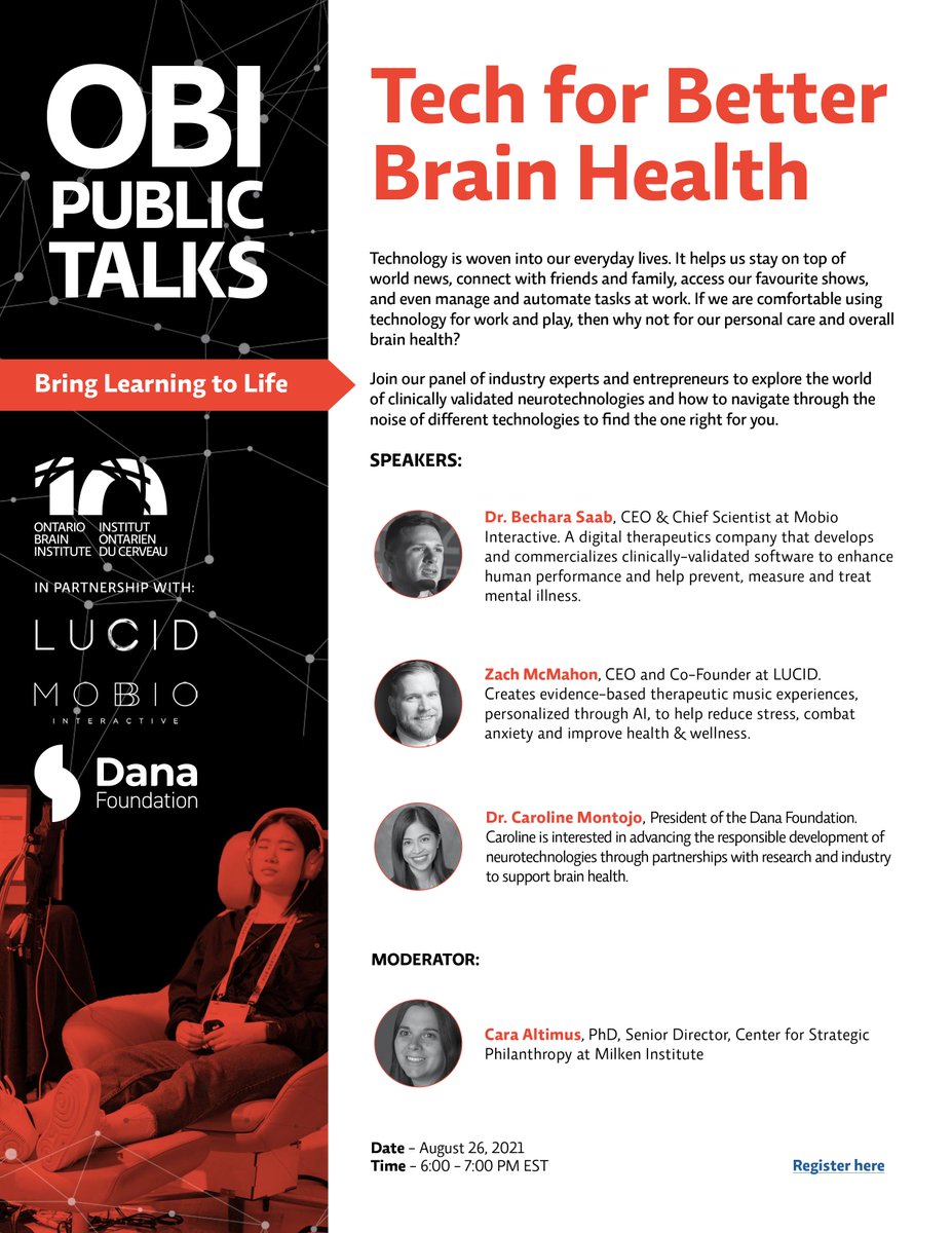 OntarioBrain's tweet image. Join our panel of industry experts and entrepreneurs in our next #PublicTalk - Tech for Better Brain Health to explore the world of clinically validated neurotechnologies and how to find the one right for you.  Register now 🧠ow.ly/6vzy50FASvR