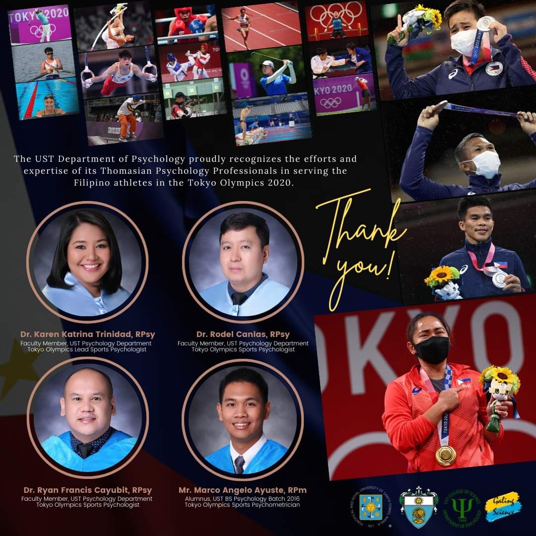 ustpsych's tweet photo. Malugod na kinikilala ng UST Departamento ng Sikolohiya ang mga Tomasinong Sikolohista na tumulong sa ating mga natatanging atleta upang makamit ang kanilang tagumpay sa naganap na Tokyo Olympics 2020

Maraming salamat sa inyong suporta! #GalingPSYience #GalingPSYience https://t.co/H1Jg4738Dx