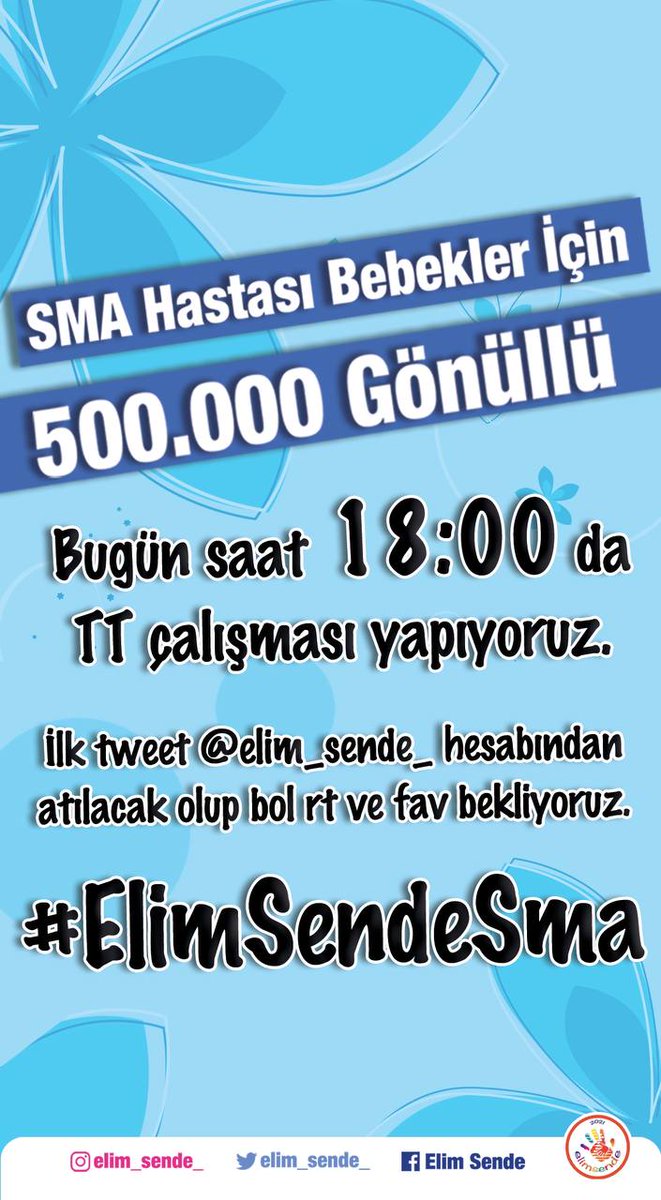 Bu akşam saat 18:00 de Sma hastası çocuklar için <a href="/elim_sende_/">elimsende</a> platformu ile ortak etkinliğimiz olacaktır. Tüm Sma hastası çocukların ailelerini gönül elçilerini ve bütün halkımızı ölümcül hastalığa, karşı mücadele veren çocukların sesi, olmaya, çağırıyoruz. Dayanışma Yaşatır!