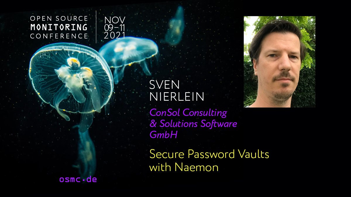 Netways's tweet photo. „Secure Password Vaults with Neamon“ - @sven_nierlein is one of our speakers at #OSMC 2021 and will explain how to store your passwords securely with #Neamon. 
Find out more at https://t.co/ZHBJthcZL8 https://t.co/MU8UwVfEpj