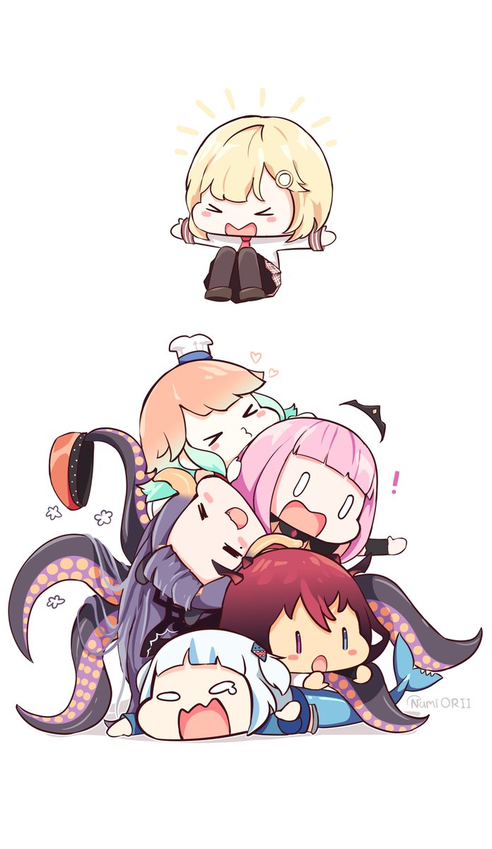 gawr gura ,mori calliope ,ninomae ina'nis ,takanashi kiara ,watson amelia multiple girls holomyth pink hair chibi blonde hair tentacle hair hat  illustration images