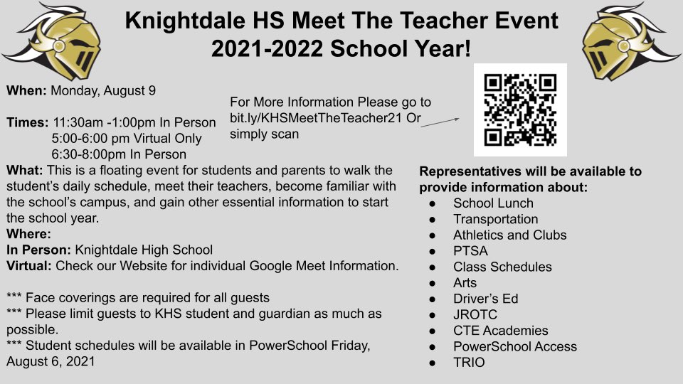 Mighty_Knights's tweet photo. Hey @KnightdaleHS students and parents. Join us Monday, August 9 for Meet the Teacher! #KHSGameOn @KHSCDPrincipal @wcpssEastern @WCPSS https://t.co/9ppDrNMlc9