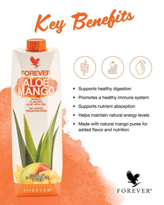 Forever Aloe Mango features all the benefits of our flagship Forever Aloe  Vera Gel with 86% pure aloe vera and an extra kick of nutrition and flavor  from natural, tropical mango puree!
